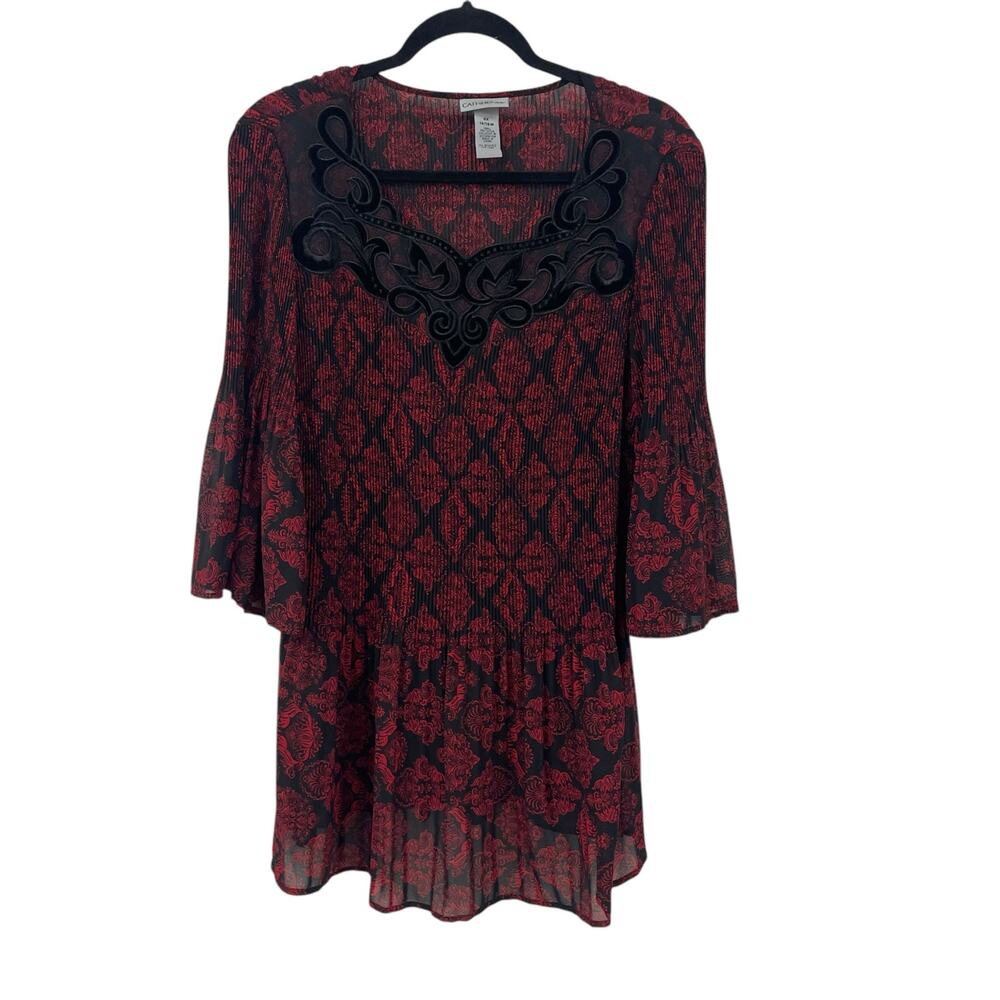 Catherines Bell Sleeve Pleated Blouse Black Red Print Womens Plus Size 0X 14/16